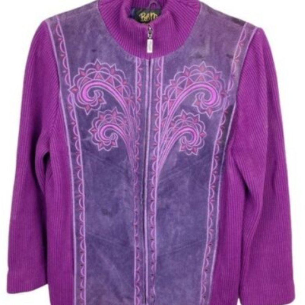 Vintage Bob Mackie Wearable Art Purple Embroidered Leather Jacket Sz Large